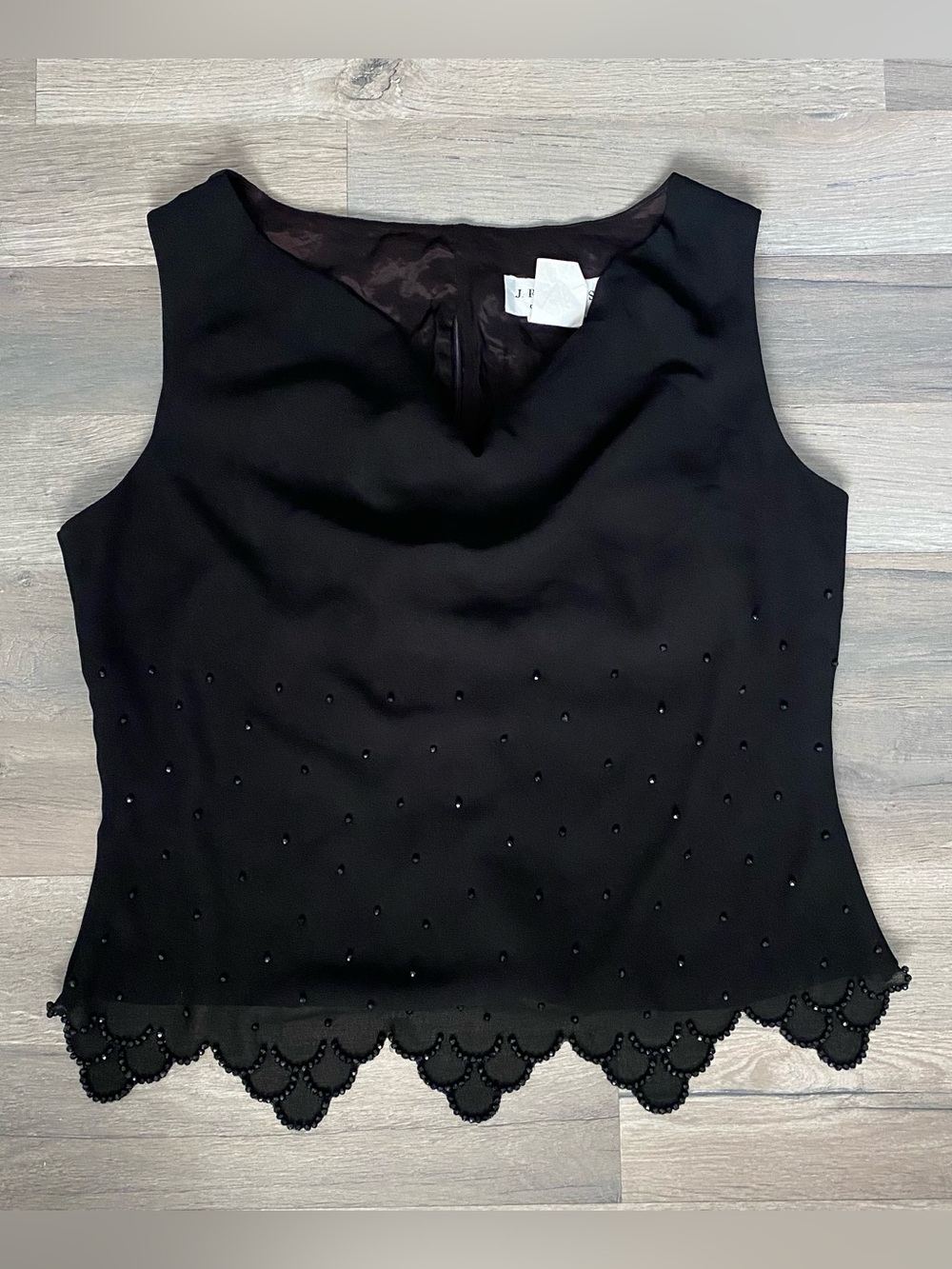 Vintage Black Beaded Scallop Hem Cowl Neck Sleeveless Top Size 14